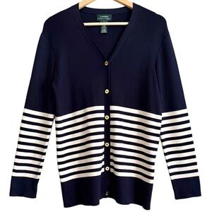 LAUREN RALPH LAUREN Silk Blend Preppy Classic Nautical Stripe Sweater Cardigan M